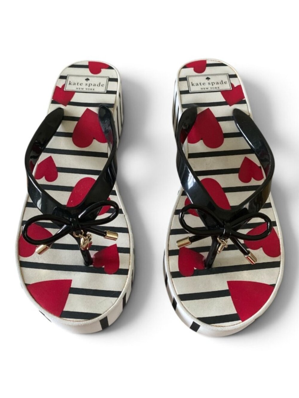 Kate Spade New York Rhett Wedge Flip Flop Sandals Sz 8M Black, White,Dark Pink H